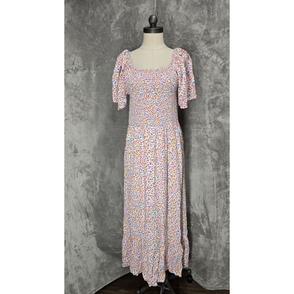 Heyson Women 1XL‎ Floral Smock Maxi Dress Square Neck Flutter Sleeve Cottagecore